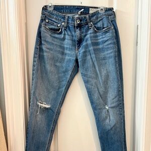 Rag & Bone Distressed Blue Straight Leg Jeans: Dre low rise slim boyfriend 27